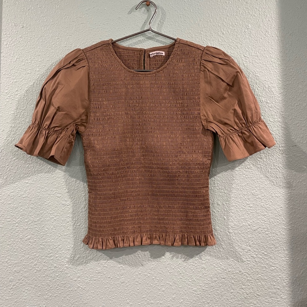 Reformation Brown Puff Sleeve Smocked Short Sleeve Top